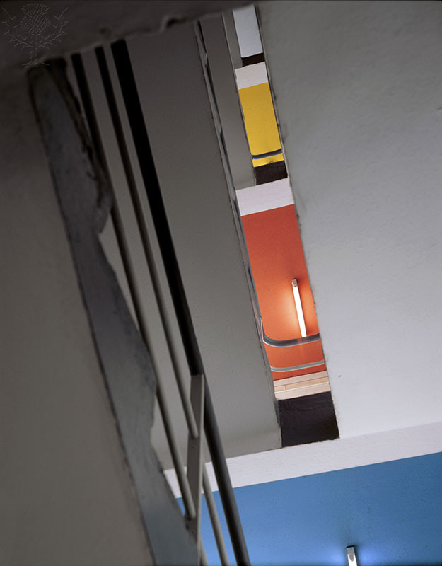 BAUHAUS DESSAU 1925-6, DESSAU, GERMANY, WALTER GROPIUS, VIEW UP STUDIO BLOCK STAIRS.